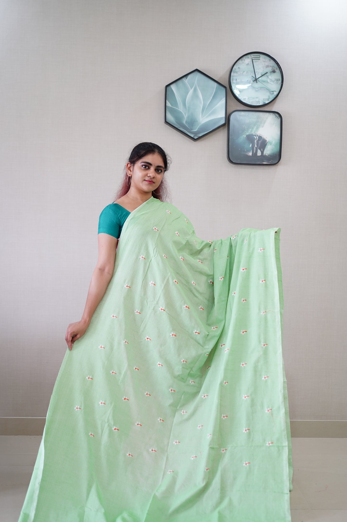 Pista Green Khadi Embroidery Saree