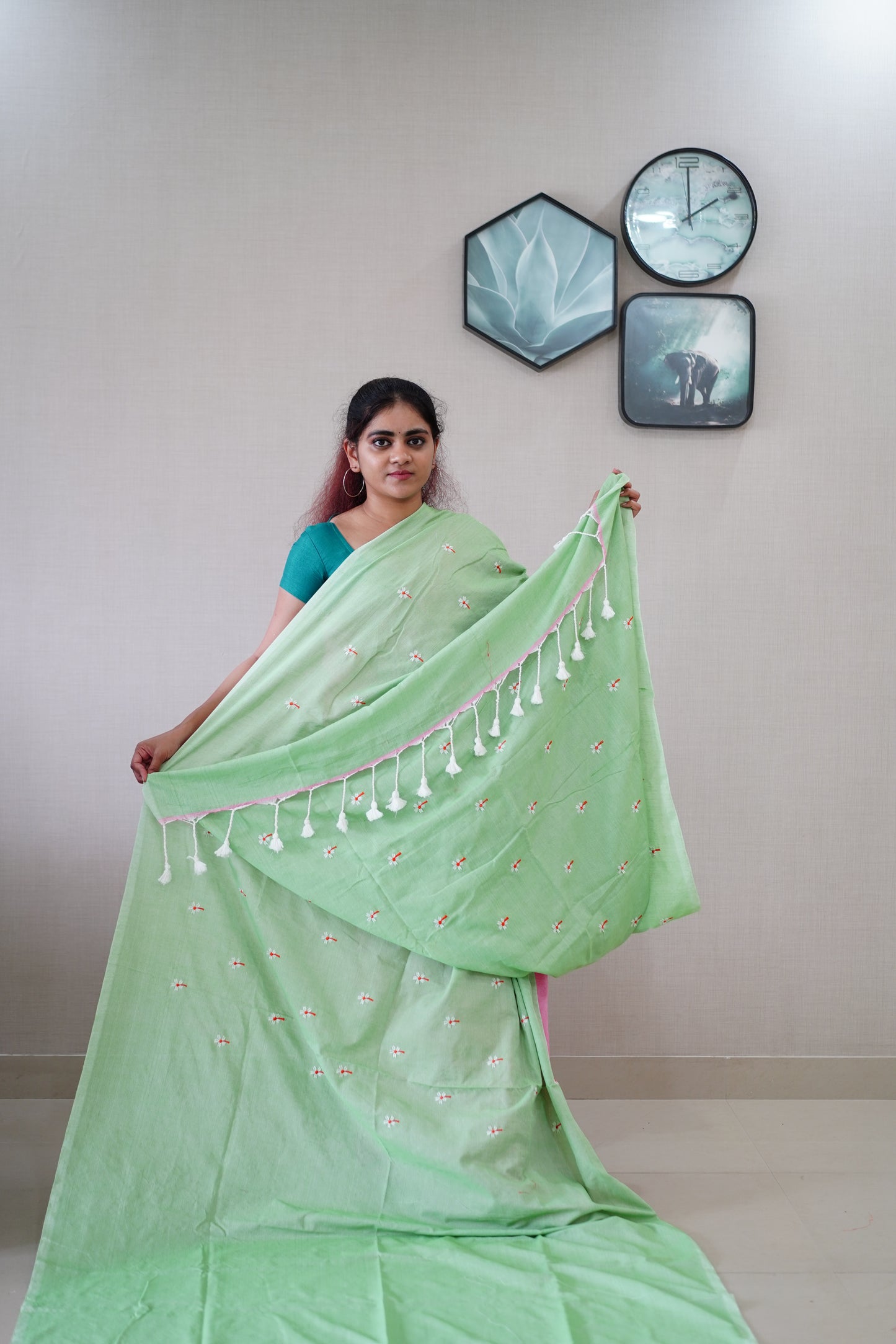 Pista Green Khadi Embroidery Saree