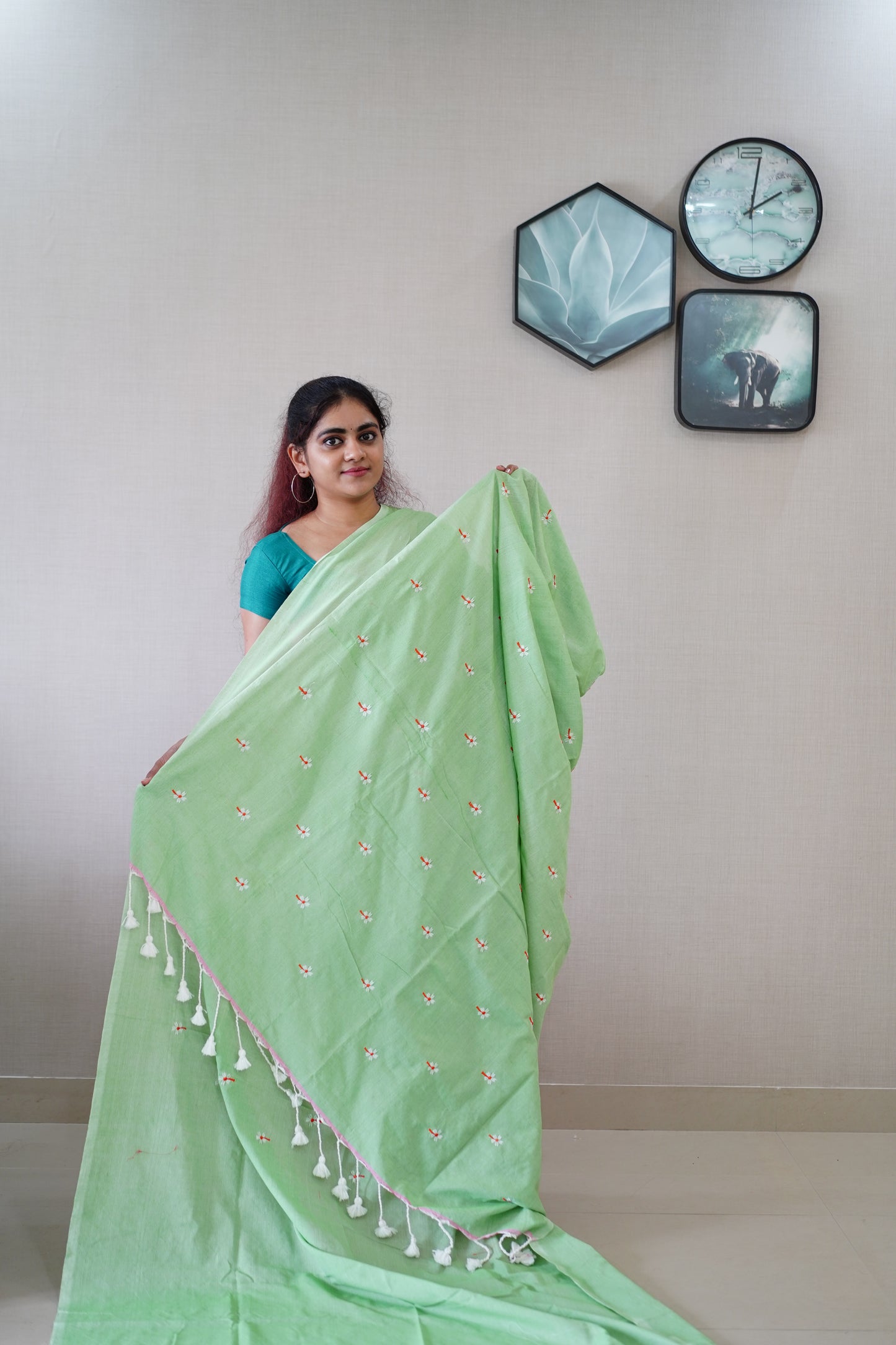 Pista Green Khadi Embroidery Saree